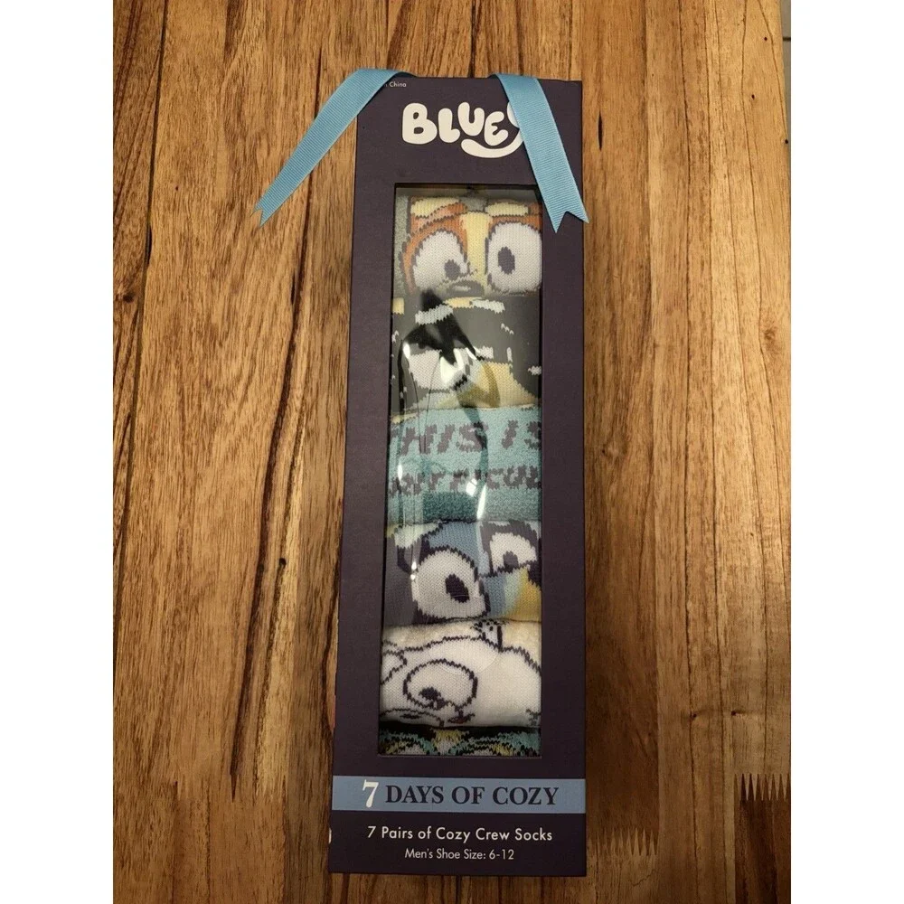 NIB Bluey 7 Days of Cozy Crew Socks Men's Shoe Size 6-12 7 Pr Gift